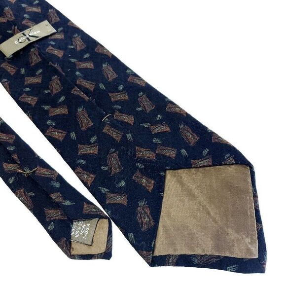 Calvin Klein Navy Blue Brown Jacquard Print Abstract Wide Silk Tie - Picture 5 of 6